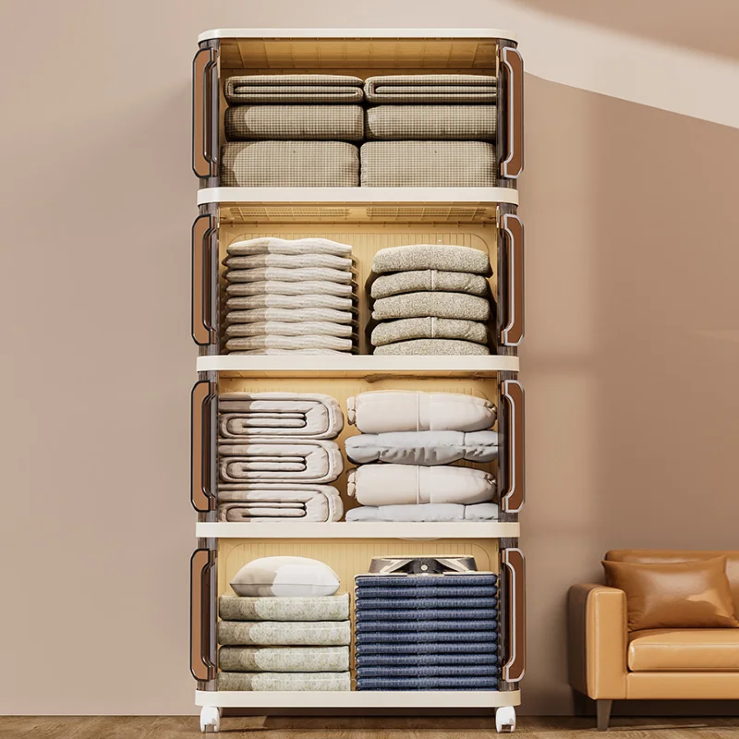 A Multi-Layer Movable Storage Cabinetis Organized with Quilts.