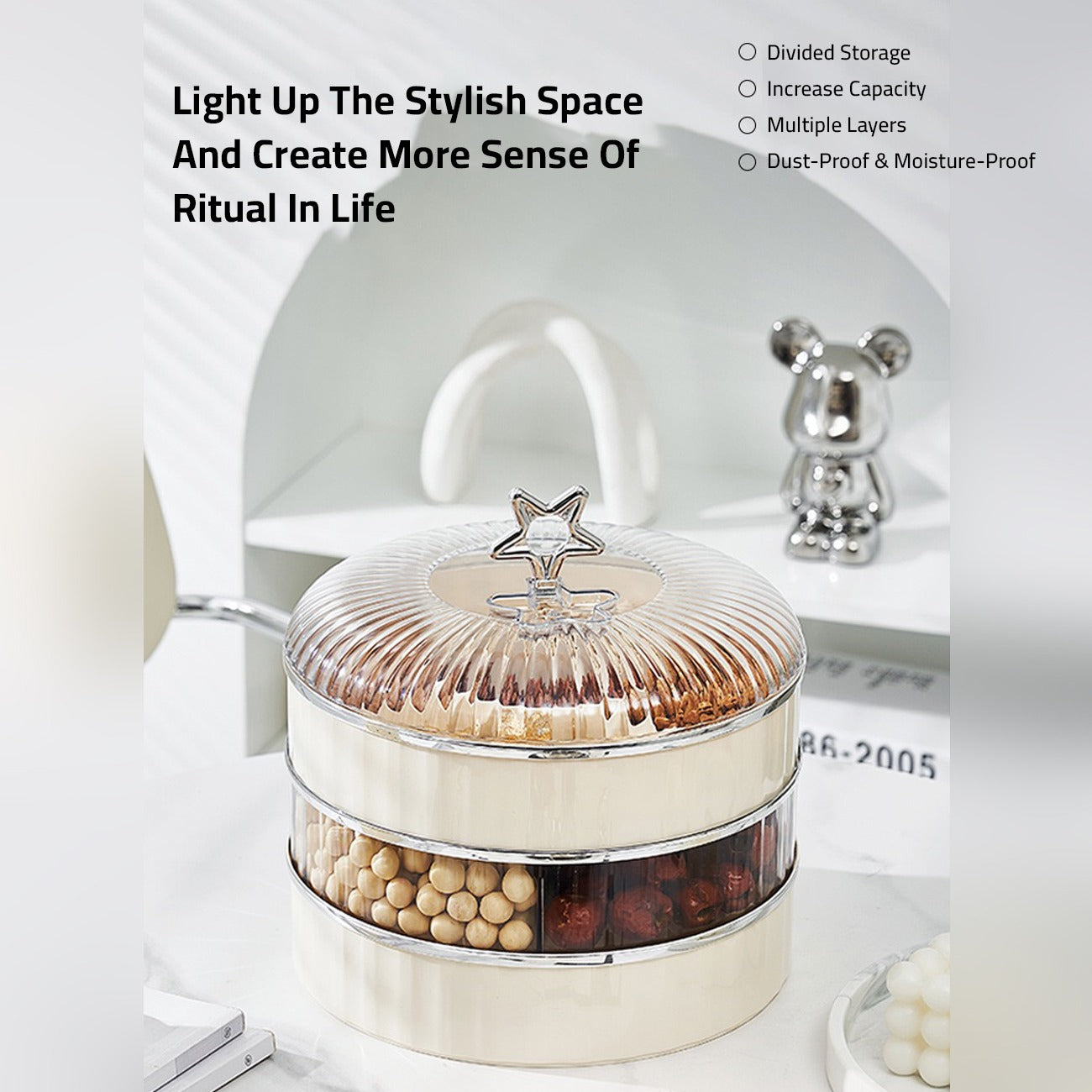 Multi-Layer Snack Storage Container With Lid Having Dried Fruits.