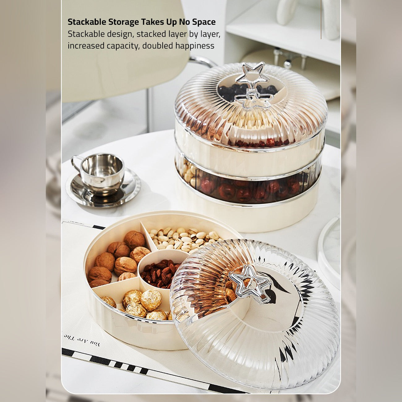 Multi-Layer Snack Storage Container With Lid Having Dried Fruits.