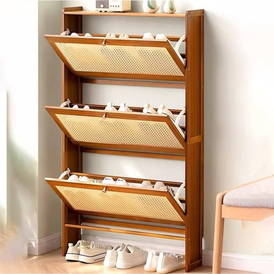 Multi-Layer Wooden Flip Down Shoe Storage Organizer Rack Organized with Shoes.