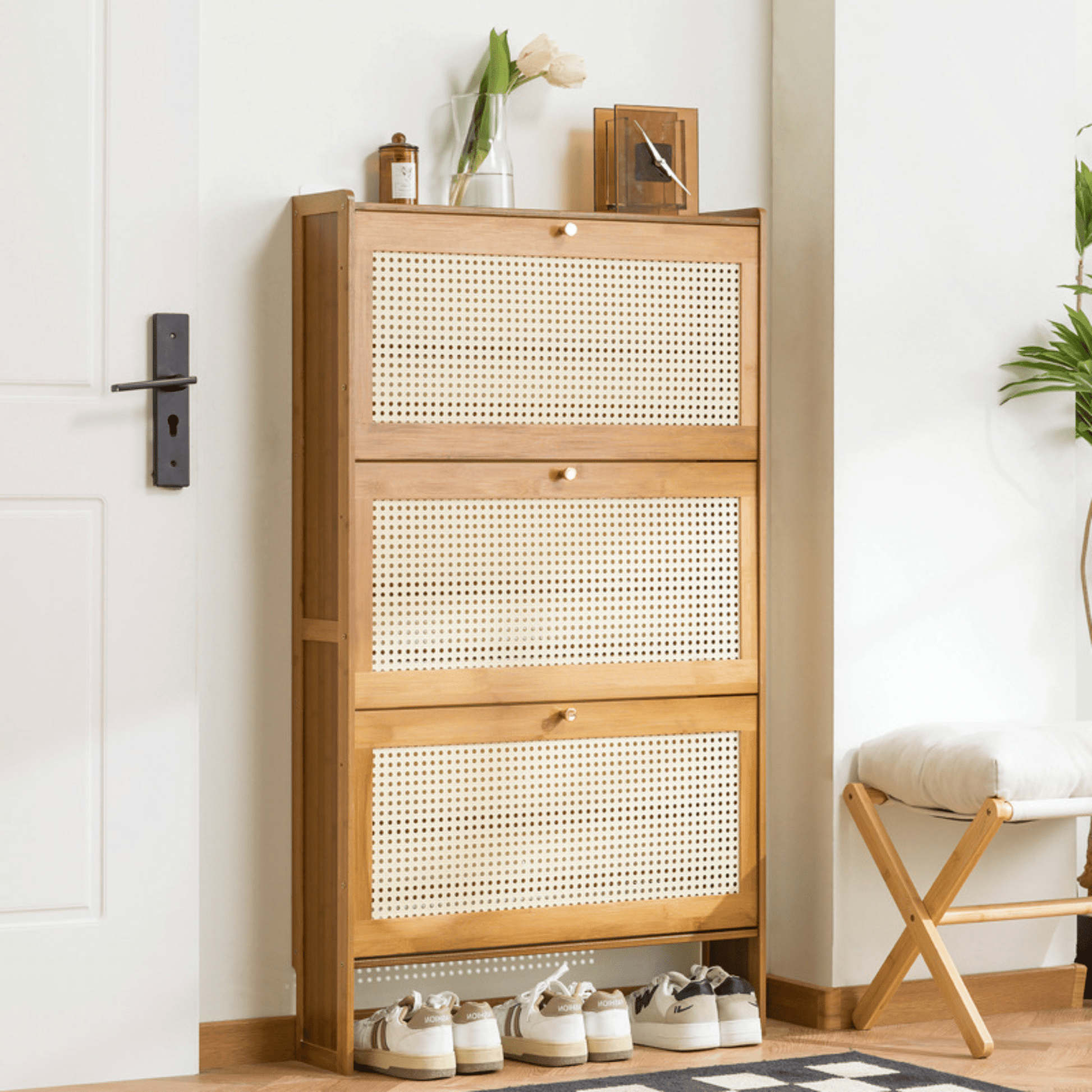 Multi-Layer Wooden Flip Down Shoe Storage Organizer Rack.