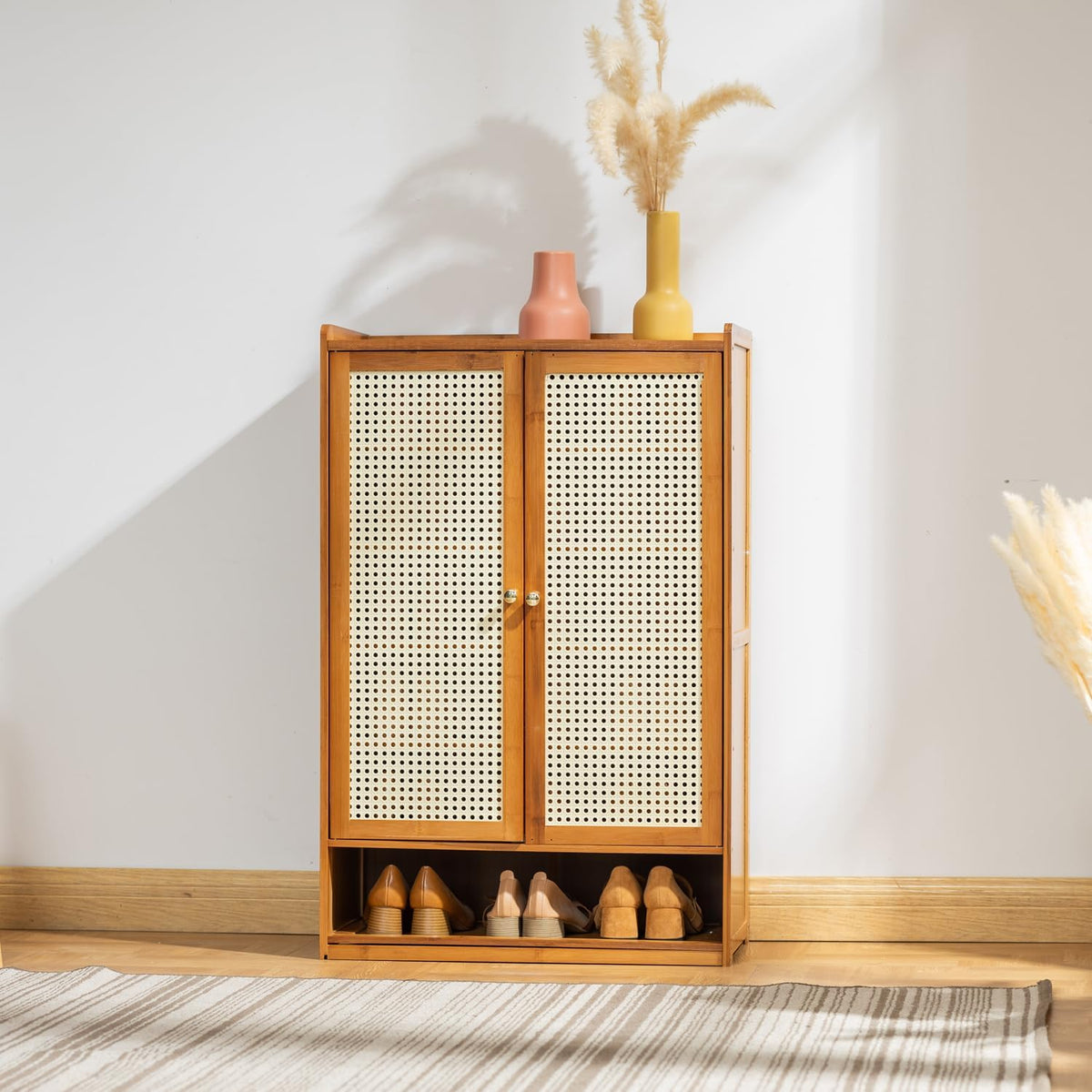 Multi-Layer Wooden Flip Down Shoe Storage Organizer Rack Organized with Shoes.