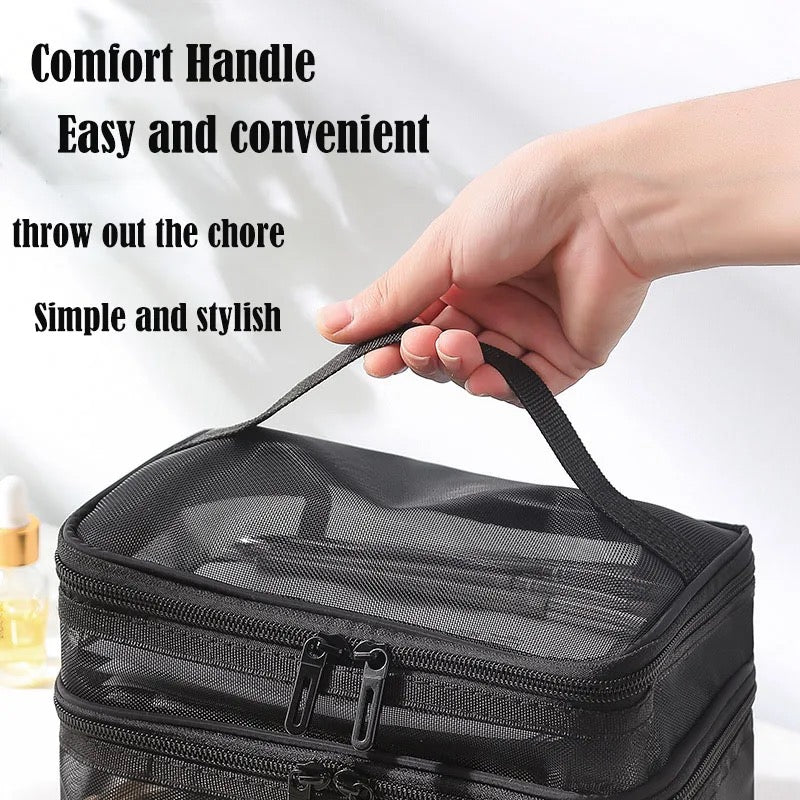 Someone holding a double-layer mesh cosmetic bag