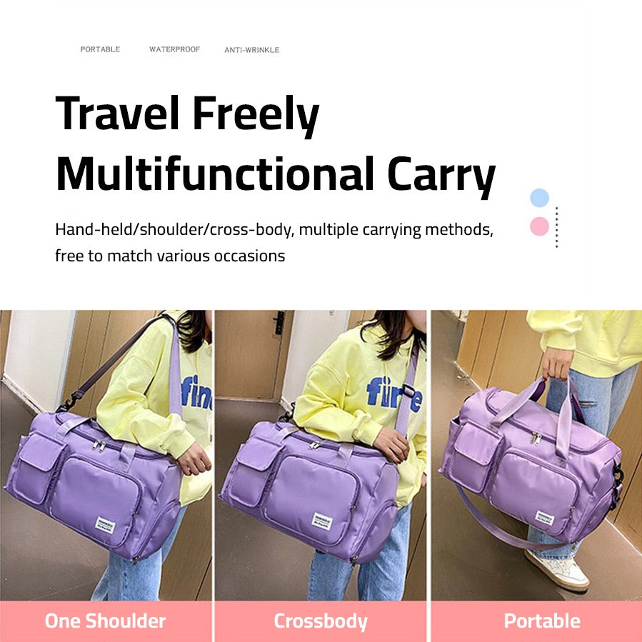 A Women is Carrying Multi-Pocket Travel Duffle Luggage Bag in Different Styles.