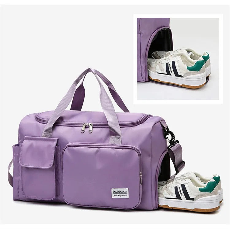 A Shoe is Inserted in to Multi-Pocket Travel Duffle Luggage Bag.