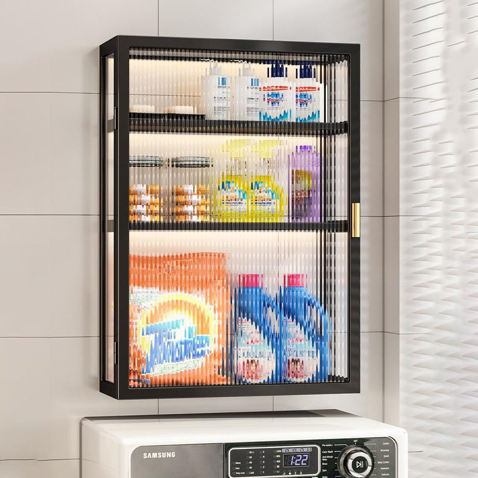 Multi-Purpose Storage Cabinet Above Washing Machine With Laundy Items.