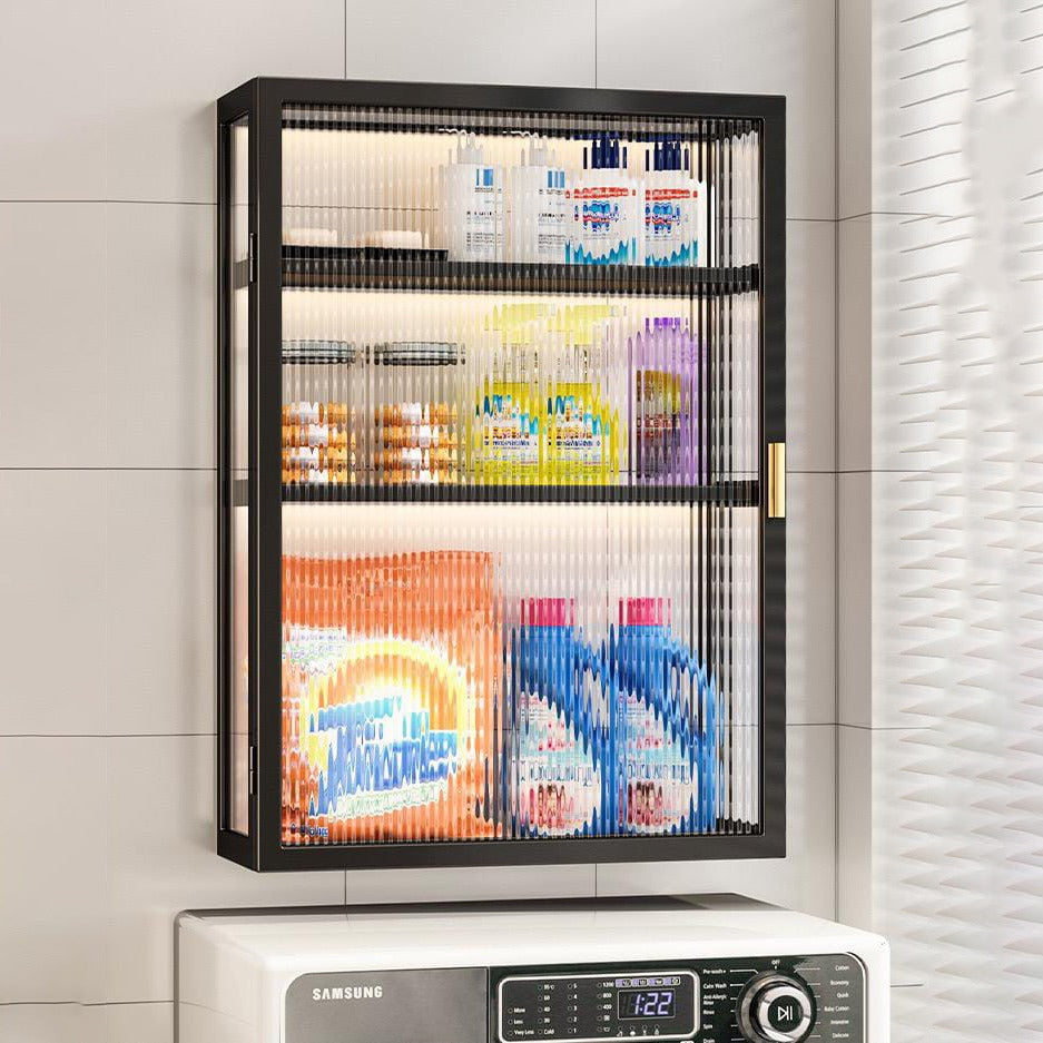 Multi-Purpose Storage Cabinet With Laundry Items Attached On The Wall.