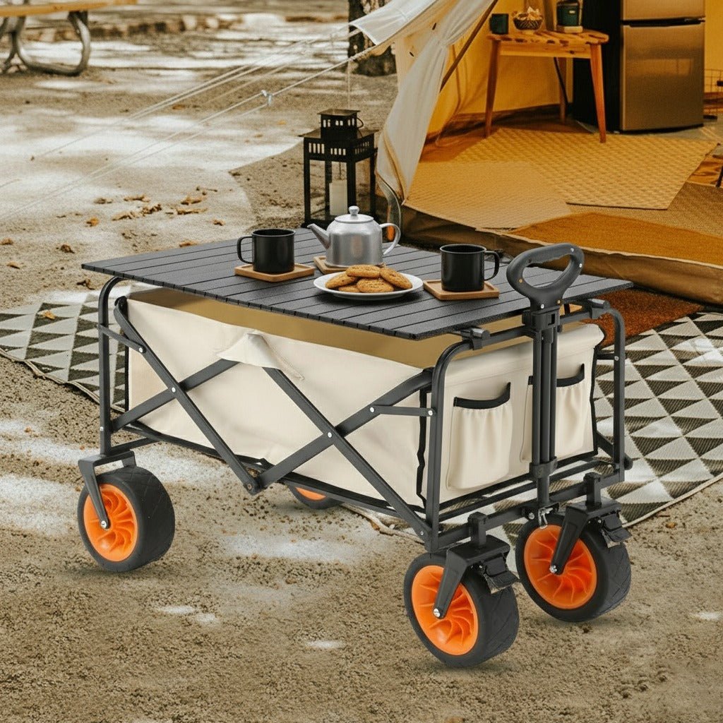 A Multi-Purpose Trolley with Table Organized with Food Items are Kept Near Camping Tent.