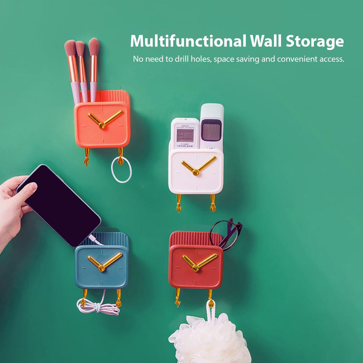 A Person is Placing Phone In Multi-Purpose Wall-Mounted Storage Rack.