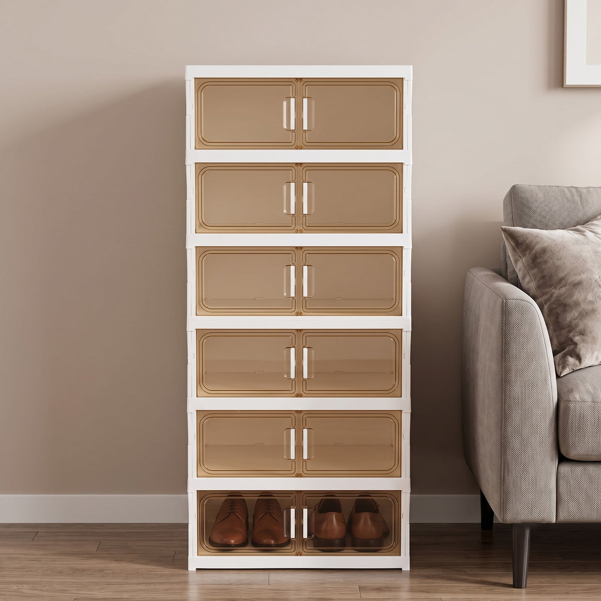 Multi-Tiered Shoe Storage Cabinet with Shoes Beside a Sofa Set.