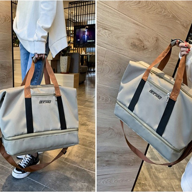 A Girl is Carrying Multi-functional Fashion Fitness Travel Duffle Bag.