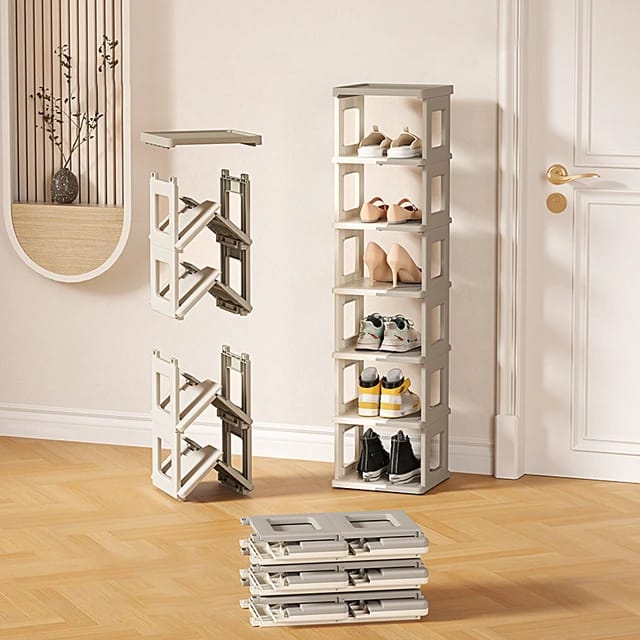 Folded and Unfolded Design Of Multi-layer Foldable Shoe Rack Shelf.