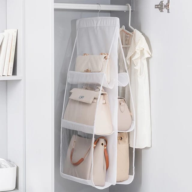 Multi-layer Handbag Hanging Organizer with items inside