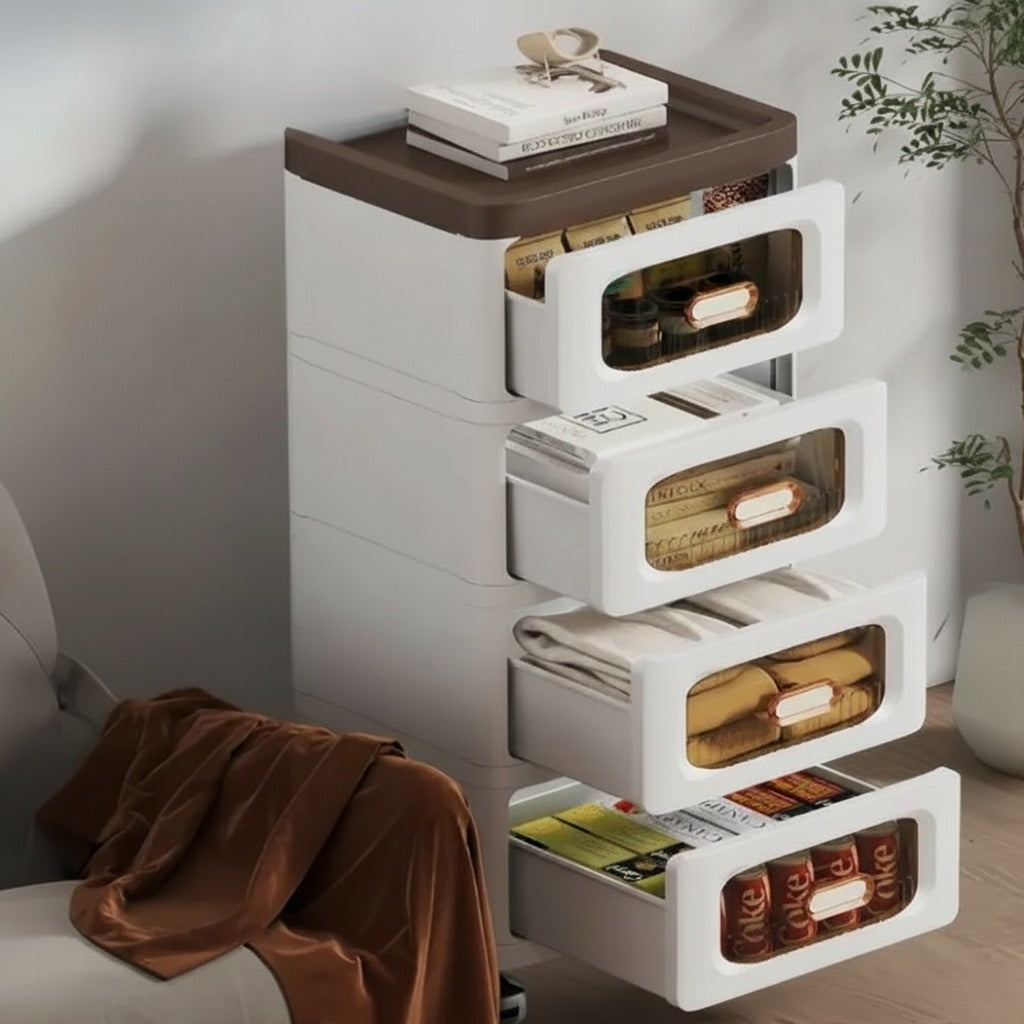 A Multi-layer Plastic Storage Drawer Cabinet Organized with Home Essentials.