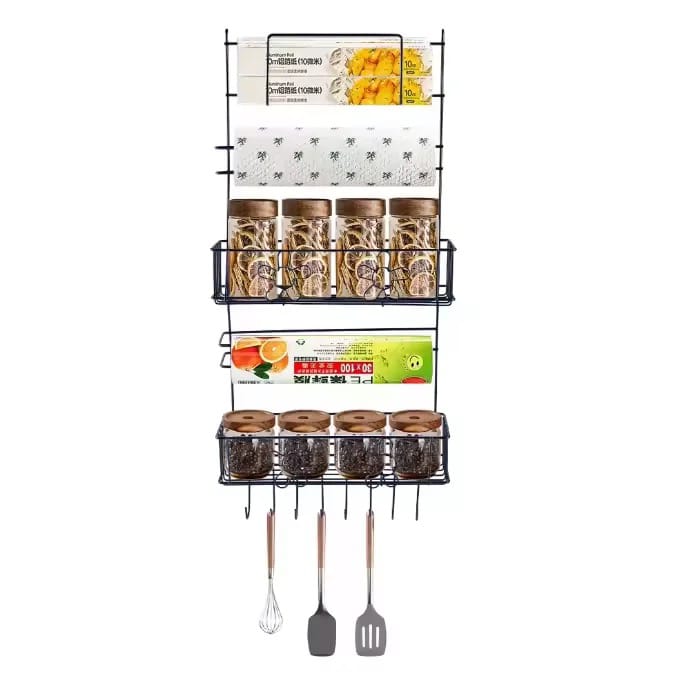 Multi-layer Refrigerator Side Rack Having Kitchen Essentials.