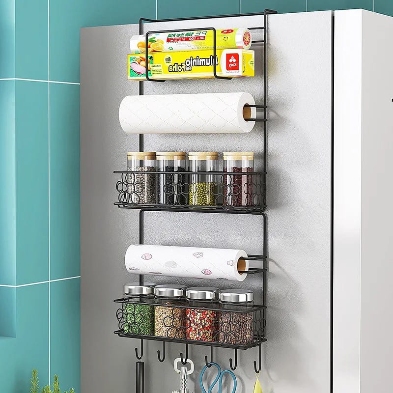 Multi-layer Refrigerator Side Rack is Hanged On the Refrigerator Having Kitchen Essentials.