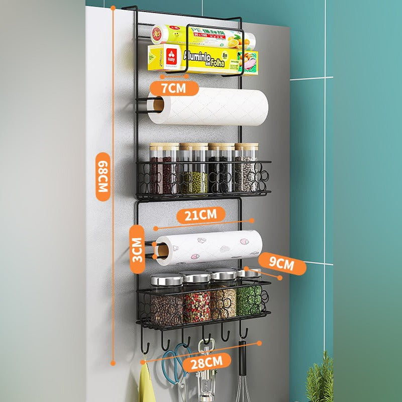 Size Of Multi-layer Refrigerator Side Rack is Hanged On the Refrigerator Having Kitchen Essentials.