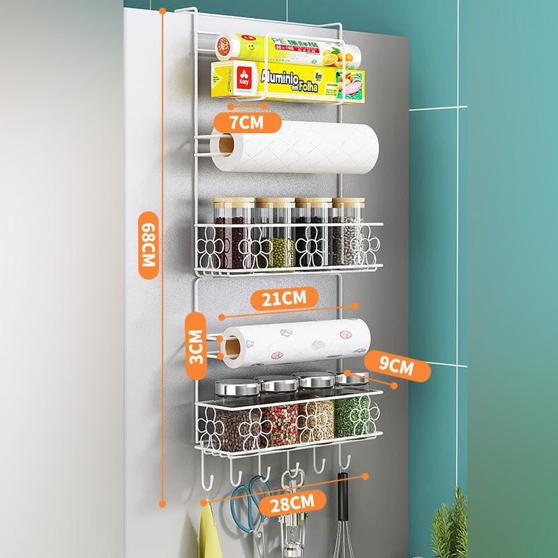 Size Of Multi-layer Refrigerator Side Rack is Hanged On the Refrigerator Having Kitchen Essentials.