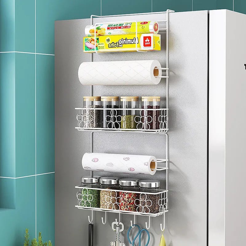 Multi-layer Refrigerator Side Rack is Hanged On the Refrigerator Having Kitchen Essentials.