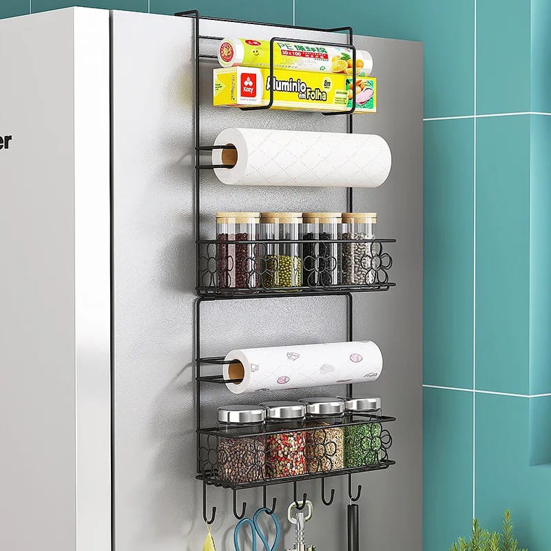 Multi-layer Refrigerator Side Rack is Hanged On the Refrigerator Having Kitchen Essentials.