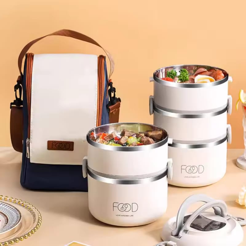 A Multi-layer Thermal Insulated Lunch Box With Food.