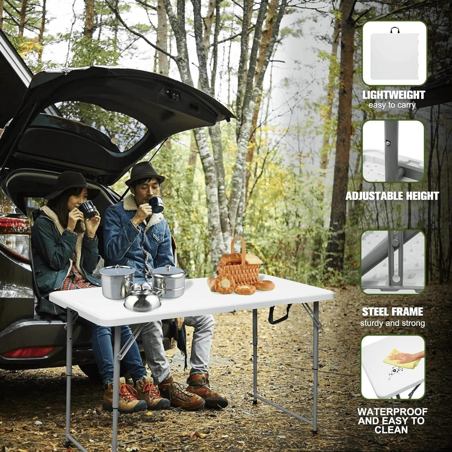 A Couple is Enjoying Their Vacation By Placing Food Items On Multi-purpose Foldable Table And Drinking Tea.