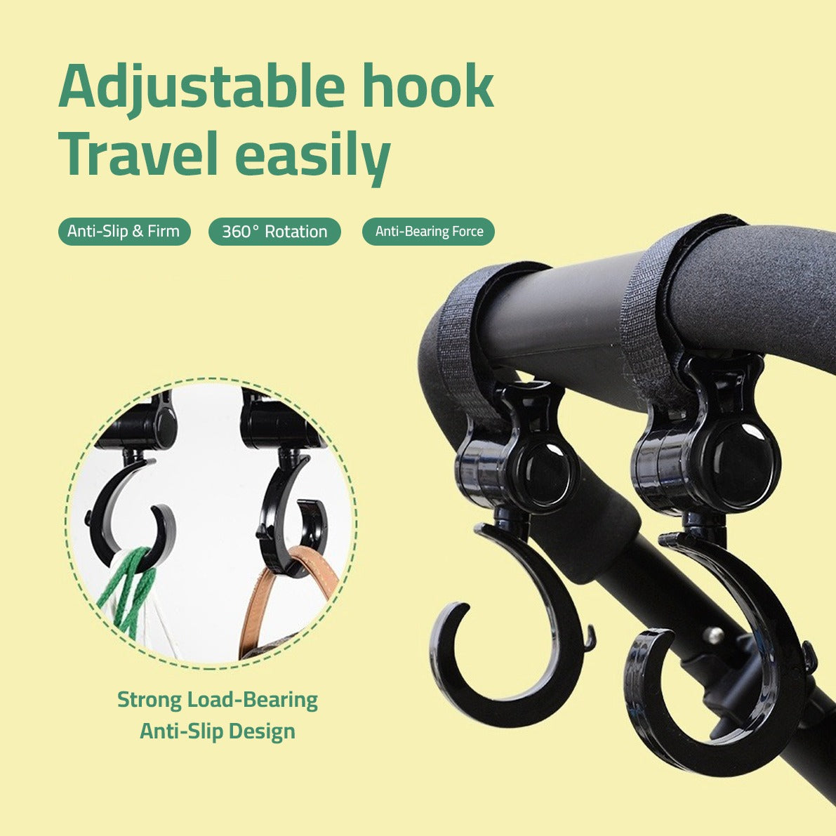 Multi-purpose Hanging Hooks are Kept On The Handle Of Baby Stroller.