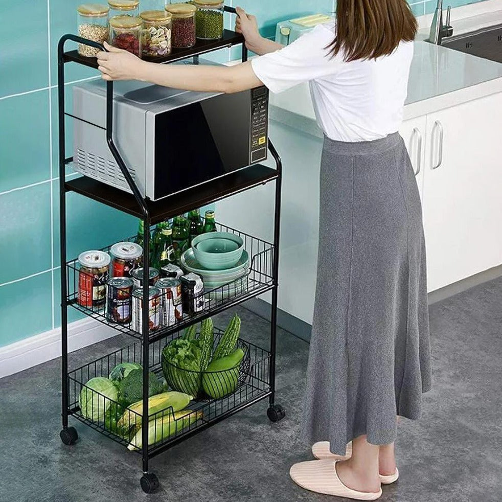 A Women is Pulling Multi-tier Home Kitchen Organization Shelf Storage Rack With Kitchen Items.