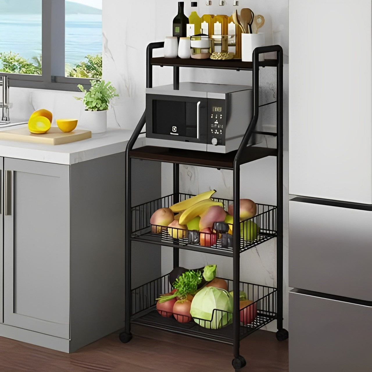 Multi-tier Home Kitchen Organization Shelf Storage Rack With Kitchen Items.