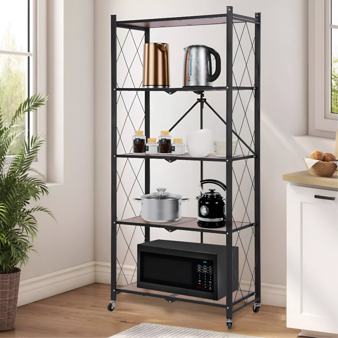 Multi-tier Storage Shelves Organized with Kitchen Accessories.
