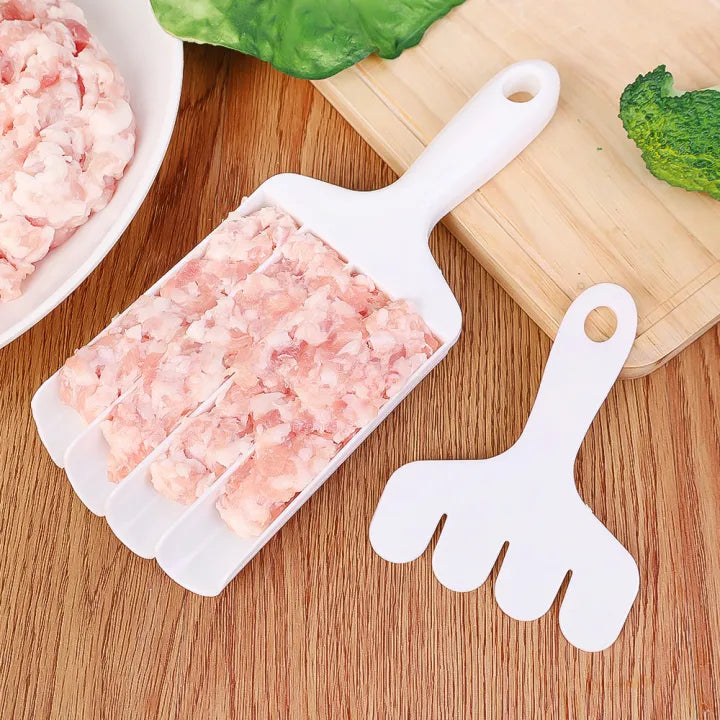he 4-in-1 Kitchen Meatball Maker Tool is placed on the table with raw meats