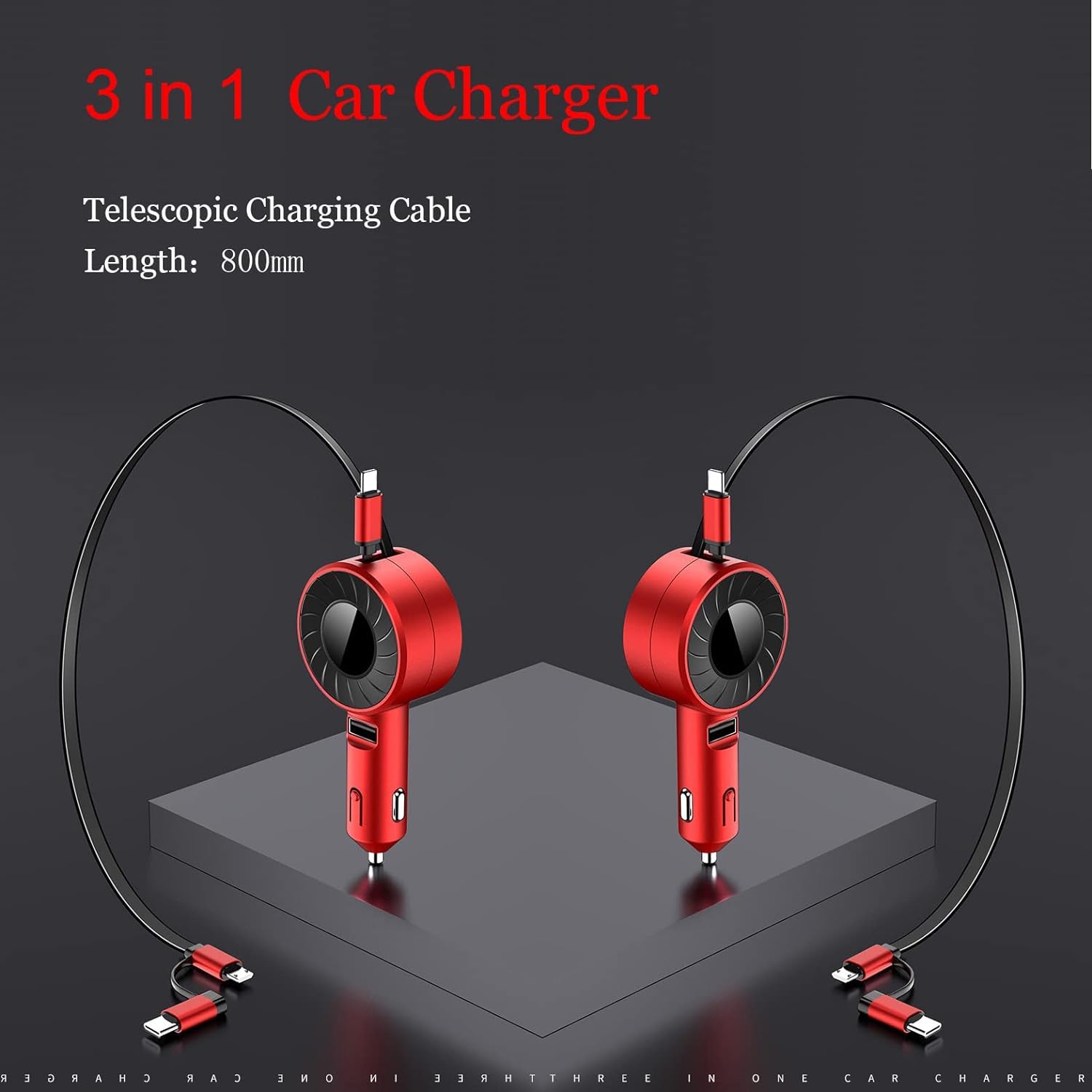 3-in-1 Retractable Cable Multi-Charging Car Charger Adapter placed on the floor