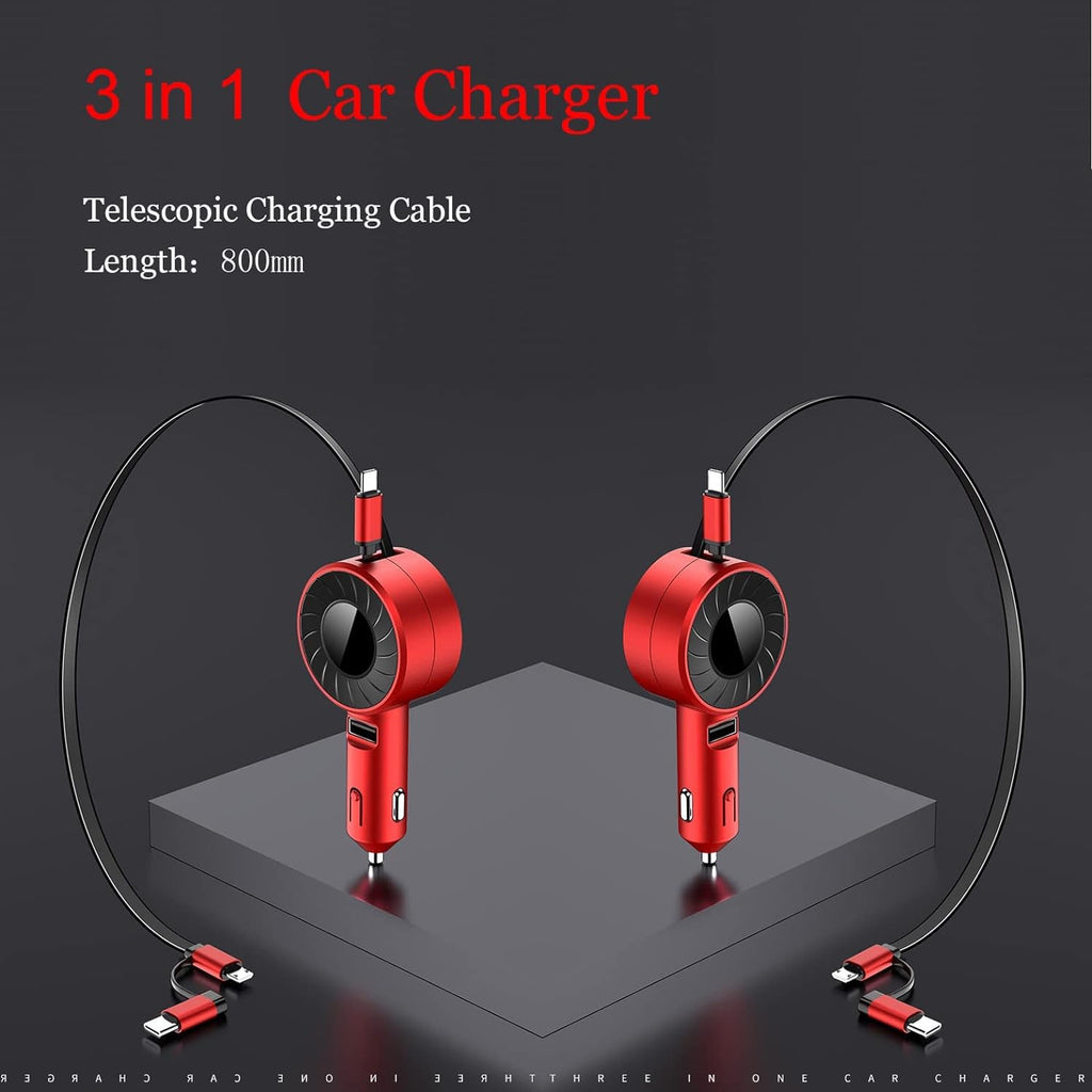 3 in 1 Retractable Cable Multi Charging Car Charger Adapter, Compatible with Most Cell Phones Tablets Universal Use 3 in 1 Retractable Cable Multi Charging Car Charger Adapter, Compatible with Most Cell Phones Tablets Universal Use
