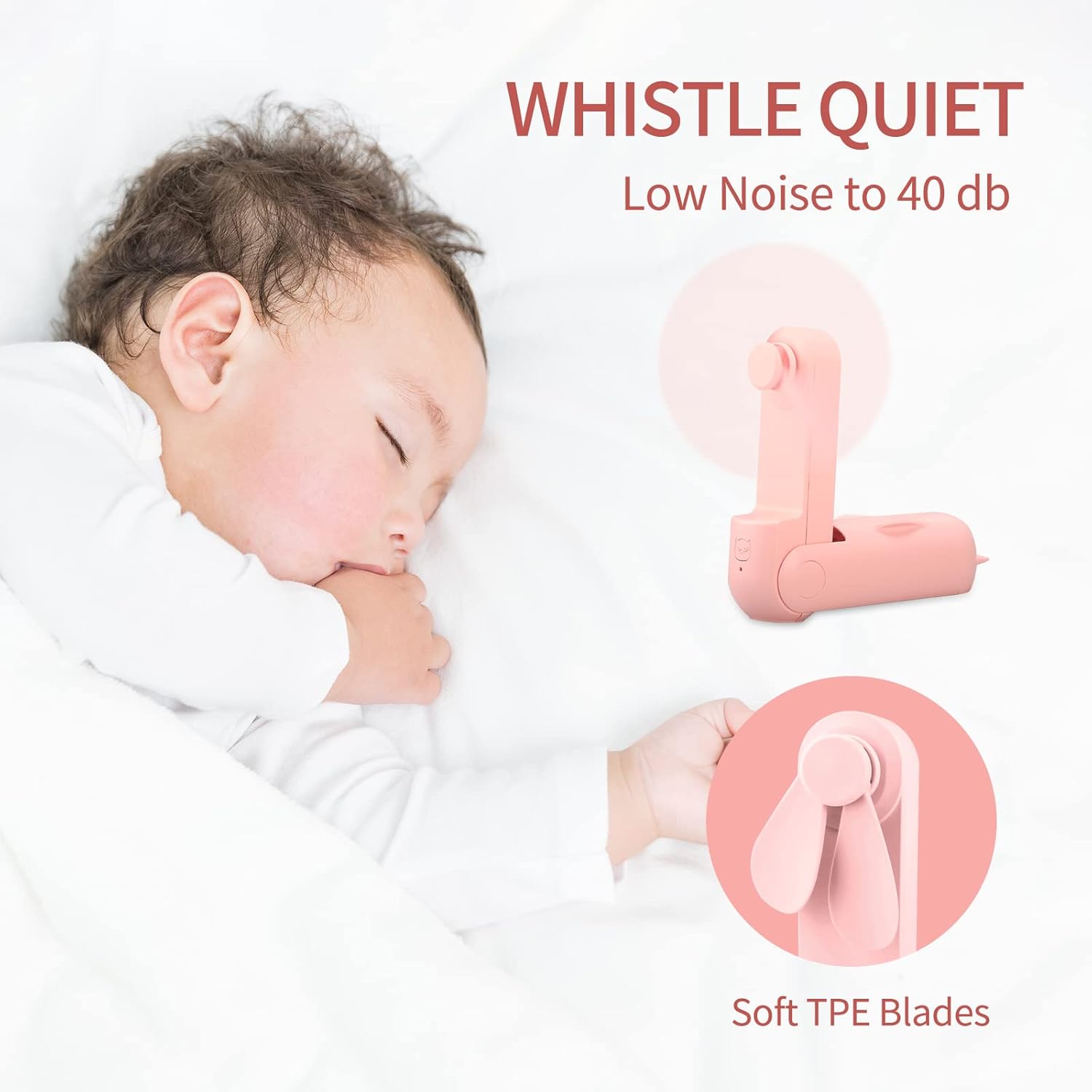 A Baby is Sleeping Using Multifunction Folding Mini Fan.