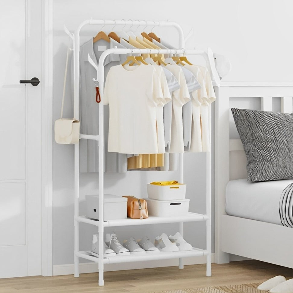 Clothes, Shoes, and Bags Are Organized On the Multifunctional Cloth Rack with Shoe Stand Placed On the Side Of Bedroom.