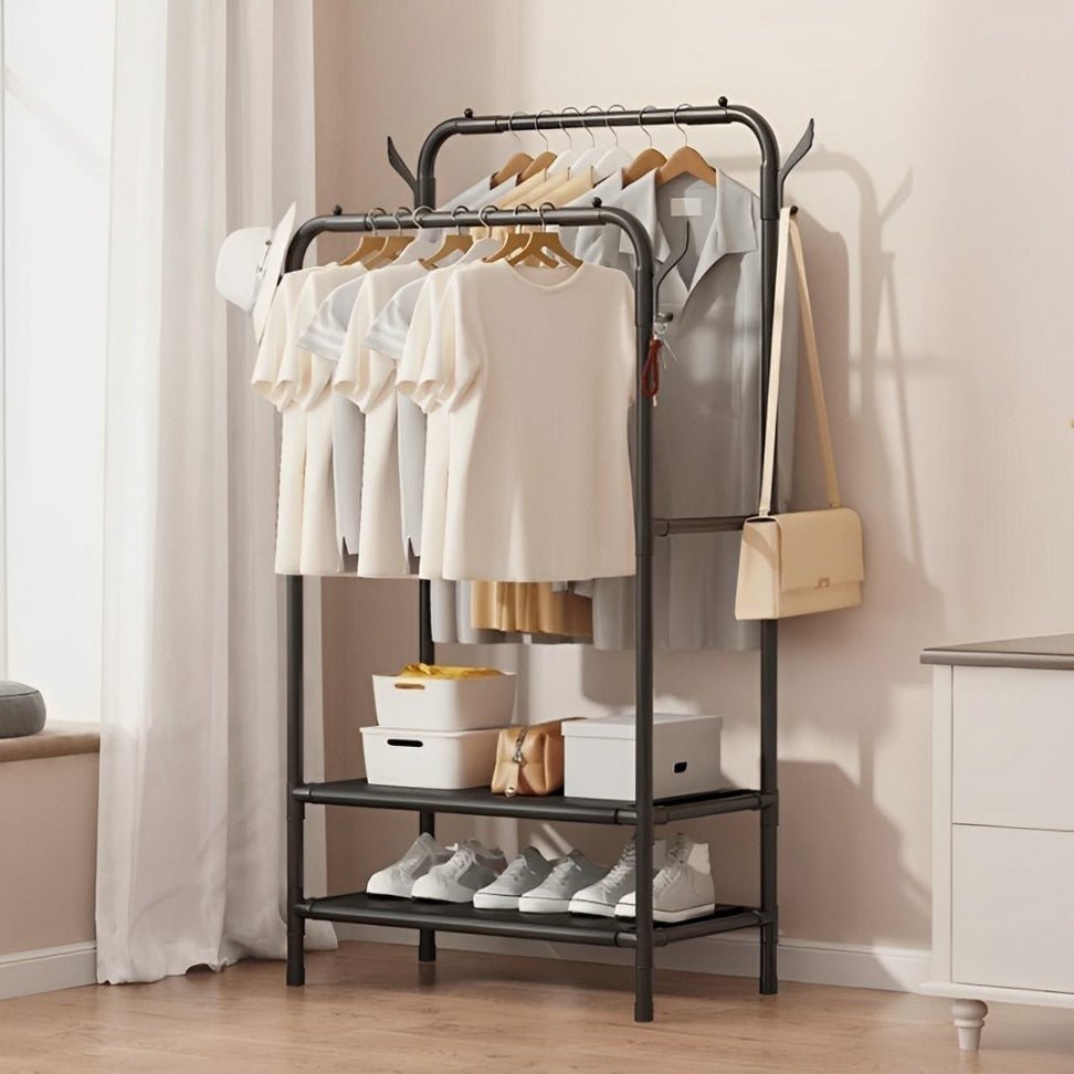 Clothes, Shoes, and Bags Are Organized On the Multifunctional Cloth Rack with Shoe Stand.