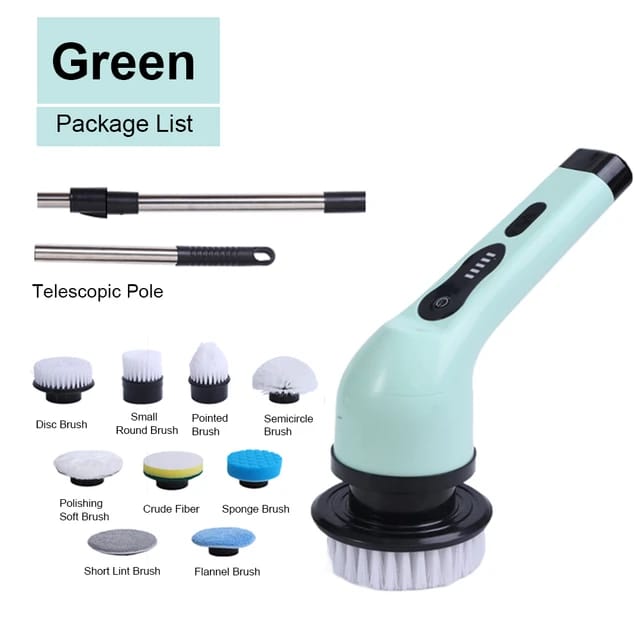 Multifunctional Cordless Power Spin Scrubber in green  color with various brushes