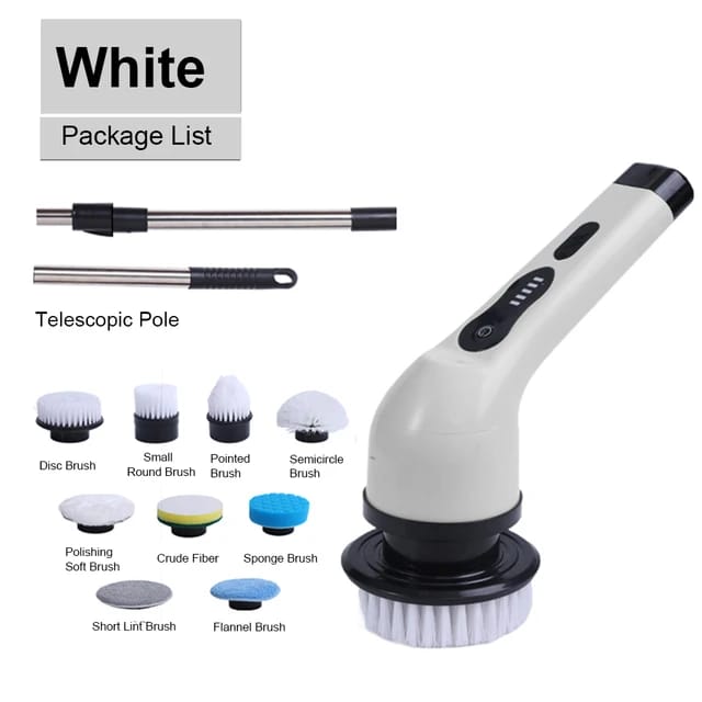 Multifunctional Cordless Power Spin Scrubber in white color with various brushes
