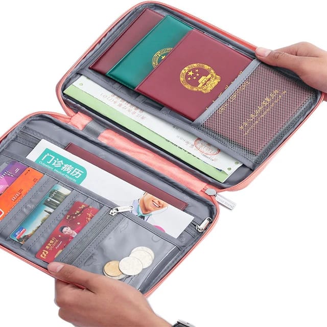 Someone showcasing the interior of a Travel Passport and Document Organizer Bag