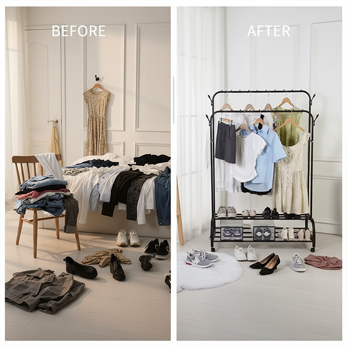 Before and after comparison of a bedroom with clothes organization using cloth rack.