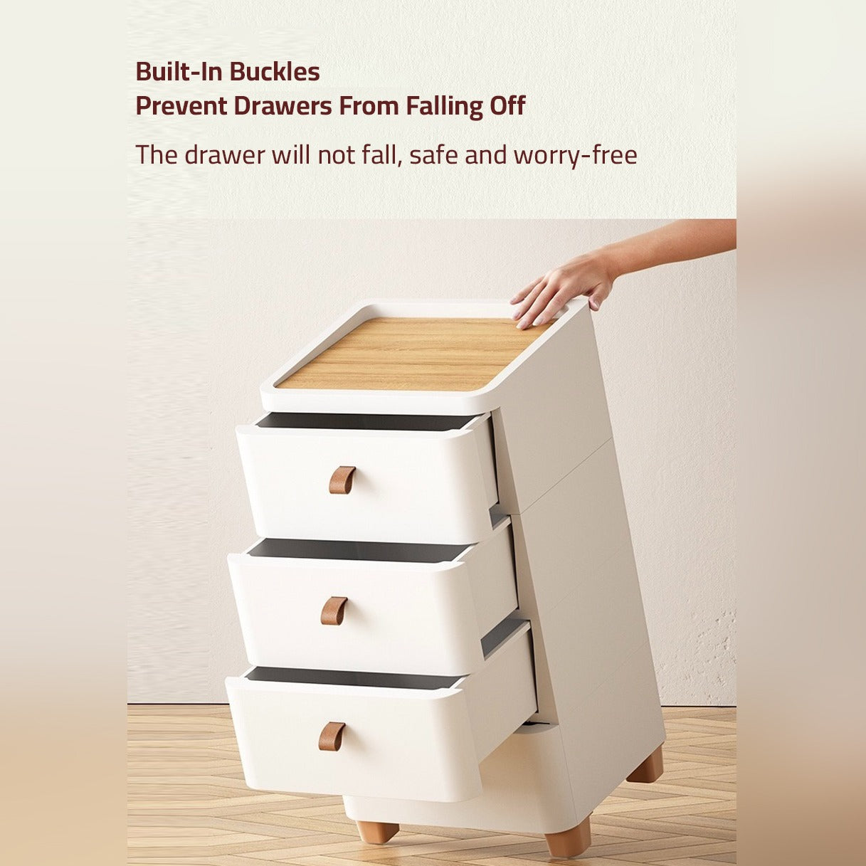 A Person is Tilting  Simple Narrow Drawer Type Storage Stand.