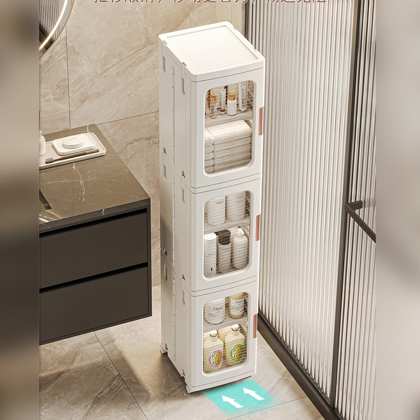 Narrow Tall Floor Storage Cabinet placed in the bathroom