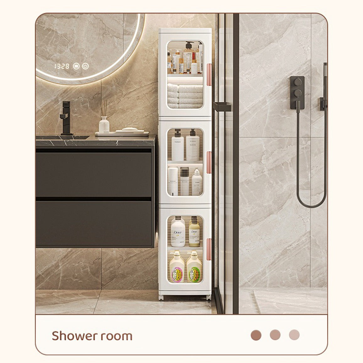 Narrow Tall Floor Storage Cabinet placed in the shower room