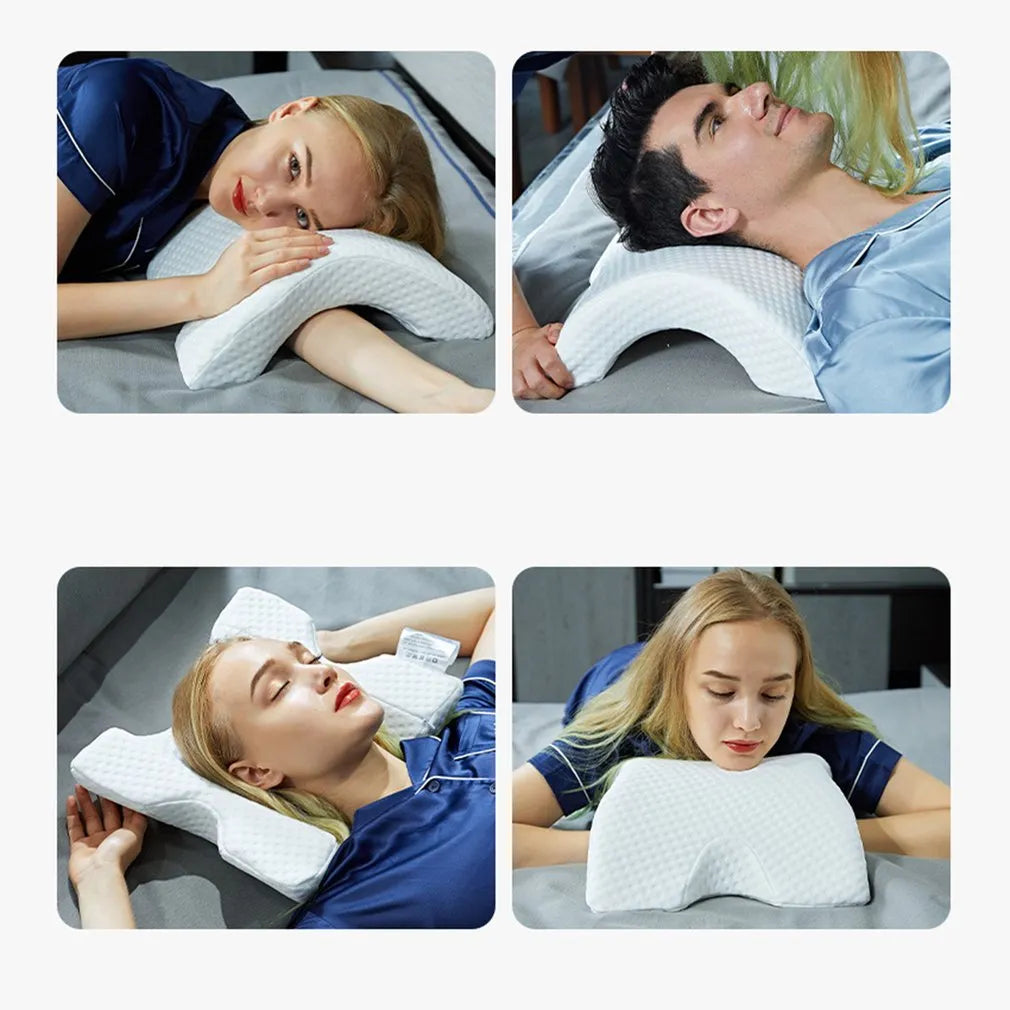 A lady and a man are using a U-Shaped Curved Memory Foam Sleeping Neck Cervical Pillow