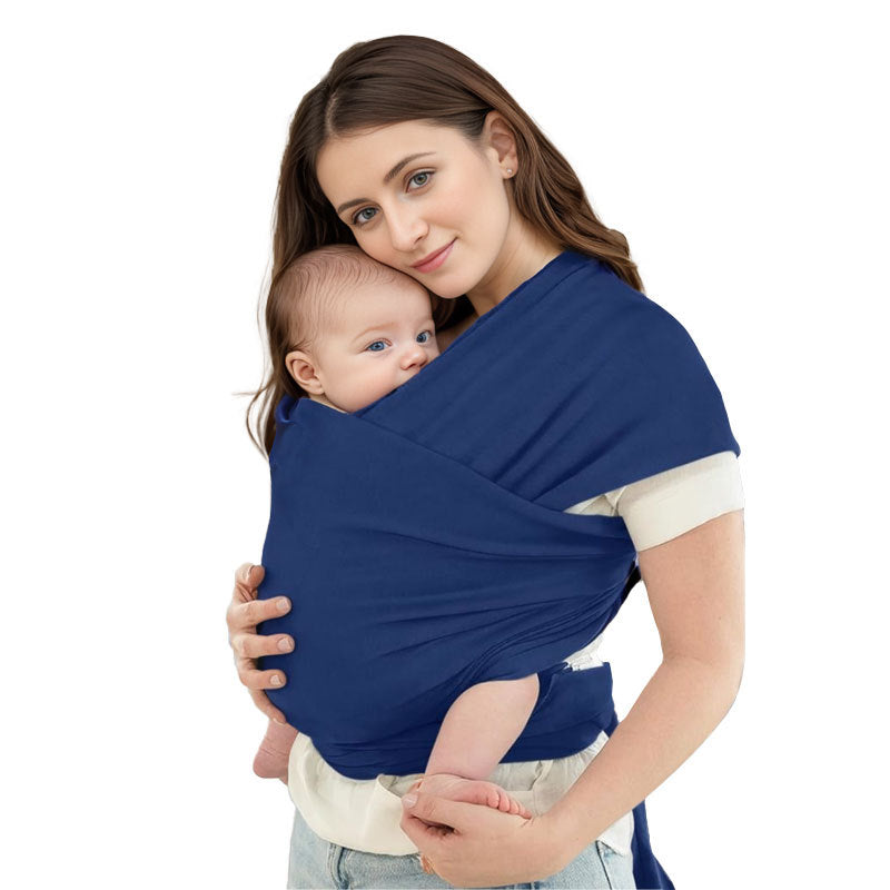 A Women is Holding Her Baby Using Newborn Baby Wrap Carrier Cloth in Blue Color.