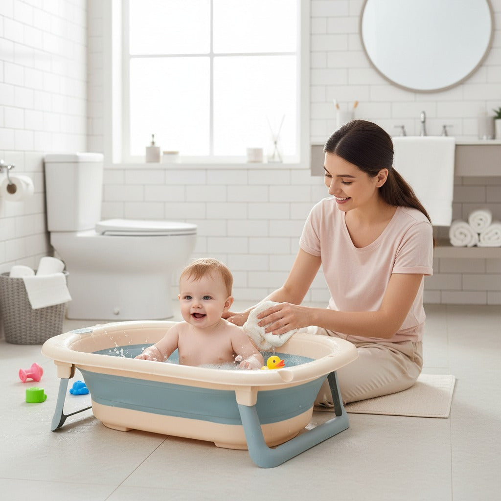 Newborn bathtub with folding design, shown with a happy baby sitting inside while a parent assists during bath time.