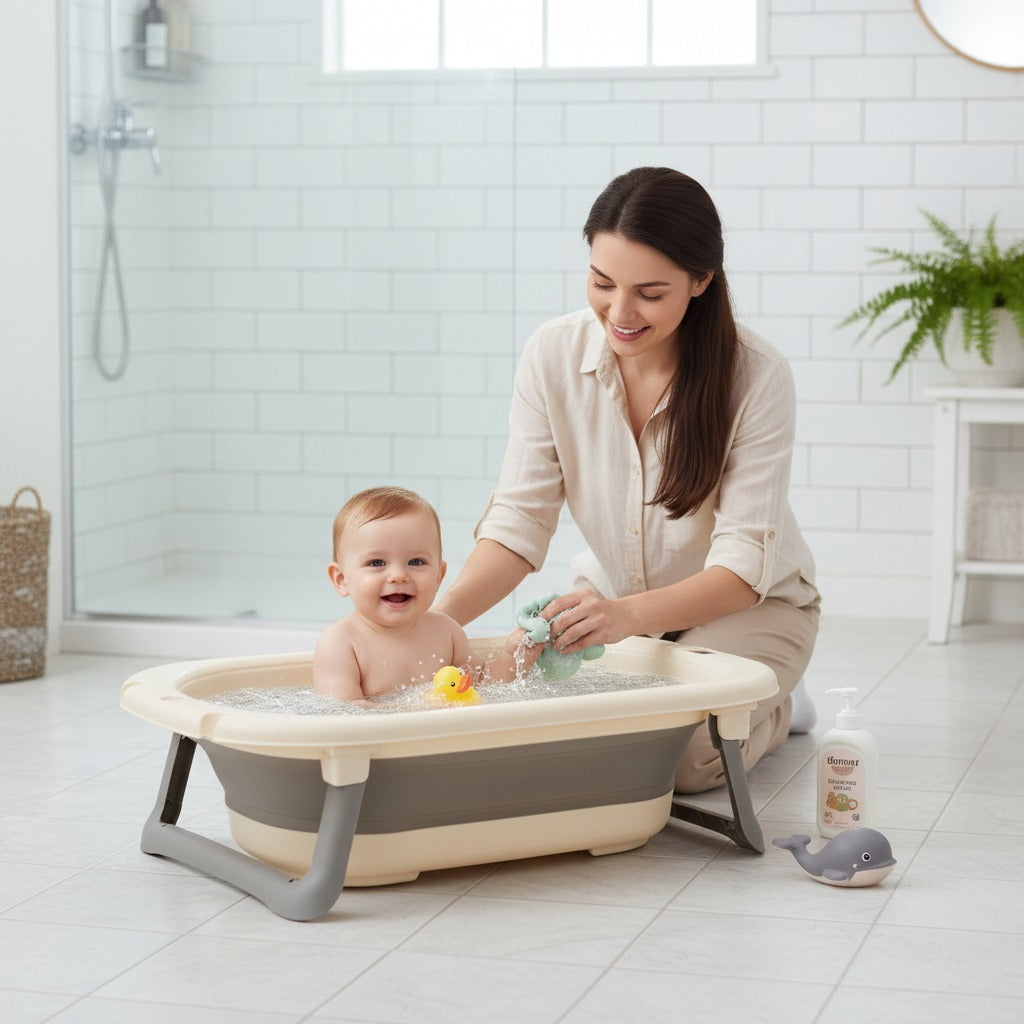 Newborn bathtub shown with a happy baby sitting inside while a parent assists during bath time