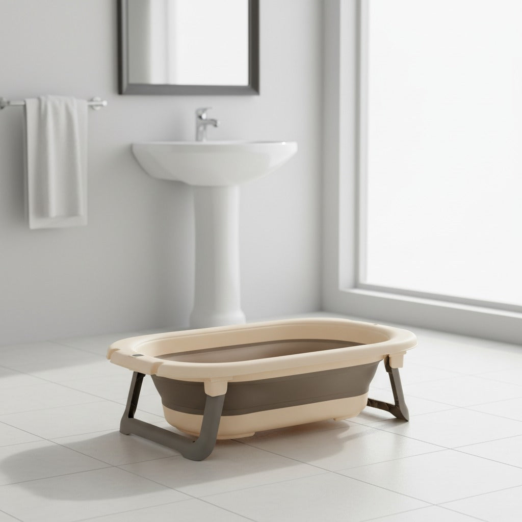 A Newborn bathtub is arranged in a bathroom.