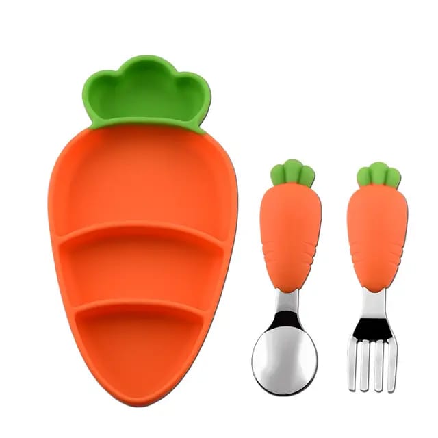 Children Non-Slip Silicone Suction Dinner Plate With Fork and Spoon.