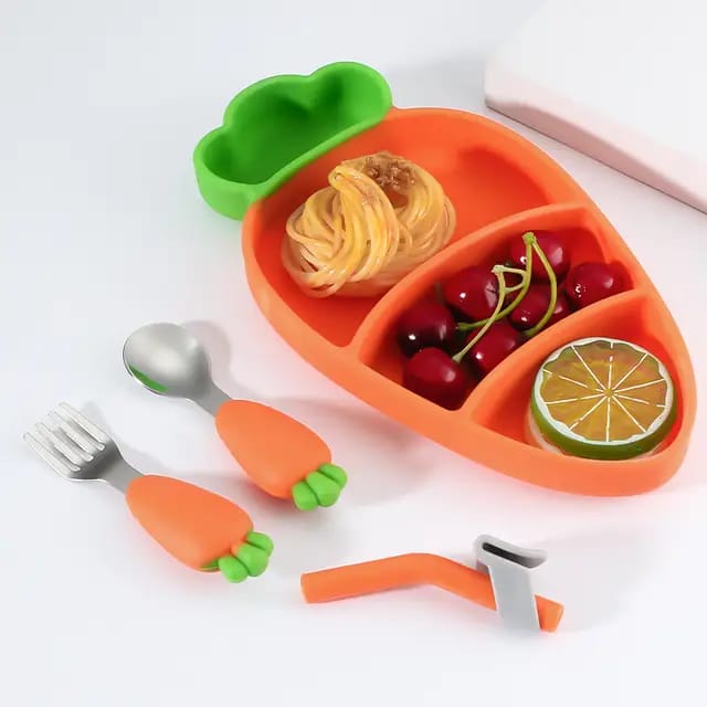 Food is Served in a Children Non-Slip Silicone Suction Dinner Plate With Fork and Spoon.